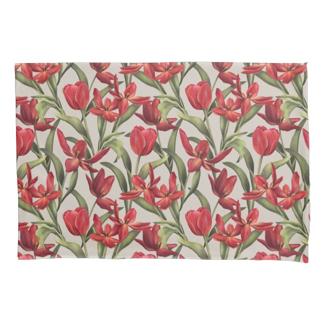 Perfectly Pale background with Red Tulips Pillowcase (Front)
