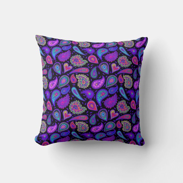 Perfectly Pretty Purple Paisley on Black Throw Pillow (Front)