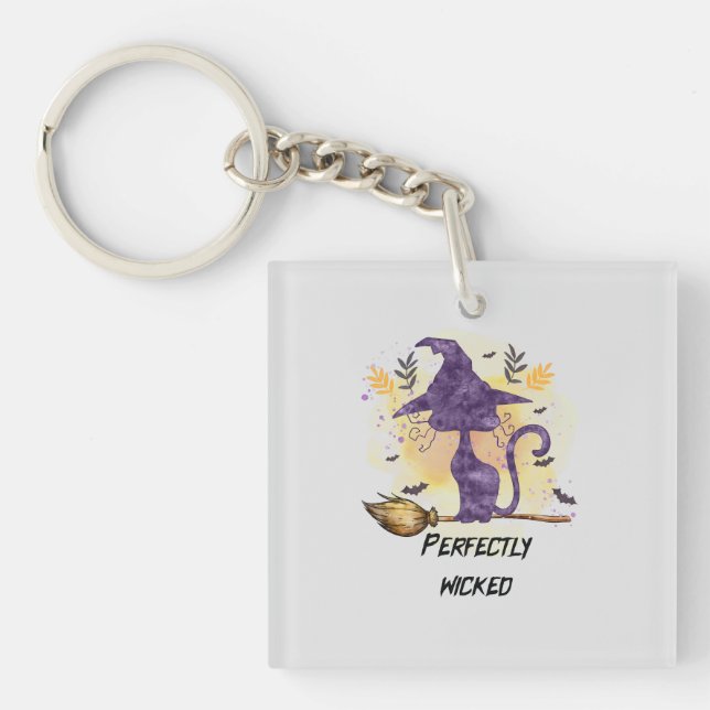 Perfectly Wicked – Purple Witch Cat Silhouette Keychain (Front)