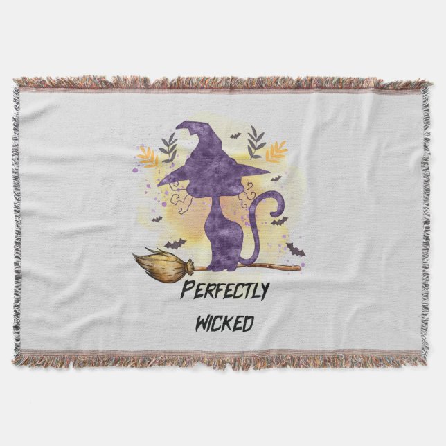 Perfectly Wicked – Purple Witch Cat Silhouette Throw Blanket (Front)