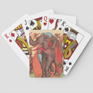 Performing Elephants With Women And Trainer. Playing Cards