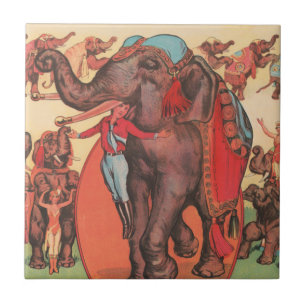 Performing Elephants With Women And Trainer. Tile