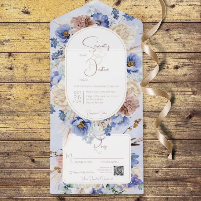 Peri Blue Boho Flowers & Grasses QR Code All In One Invitation (Also available without a QR code; with or without dinner selection options.)