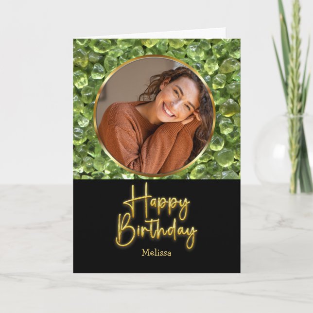 Peridot Birthstone Gold Script Photo Birthday Card (Front)