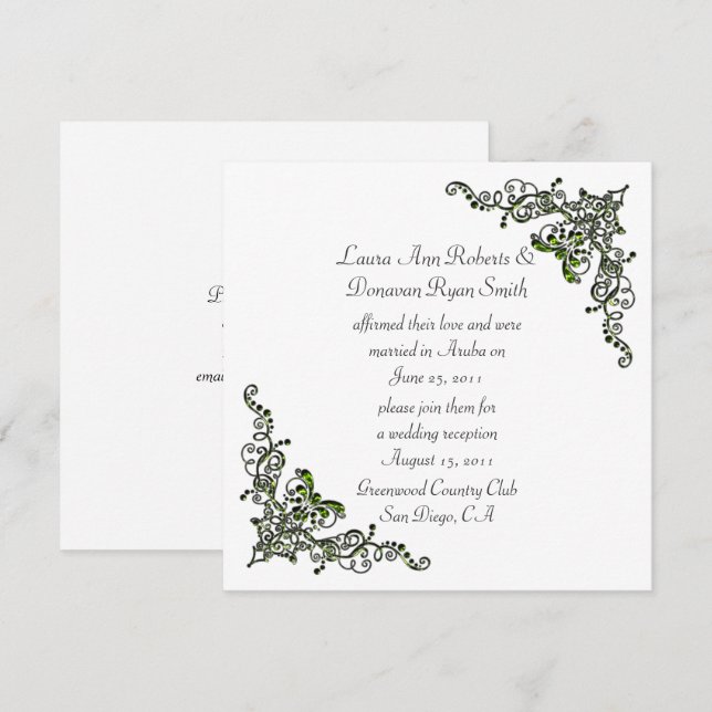 Peridot Green Jewelled Swirls on Silver Background Invitation (Front/Back)