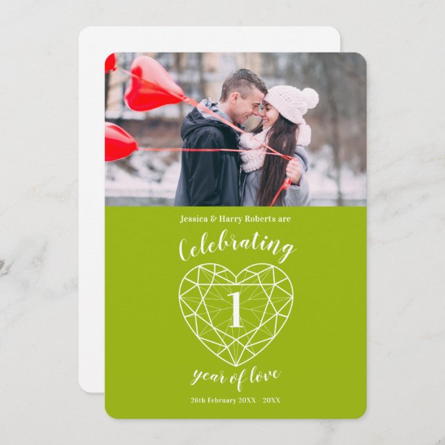 Peridot heart 1st anniversary 1 year photo invites (Front/Back)