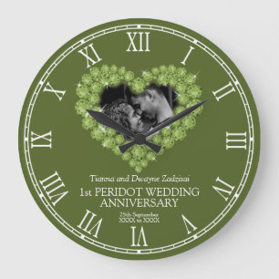 Peridot photo heart 1st wedding anniversary large  clock