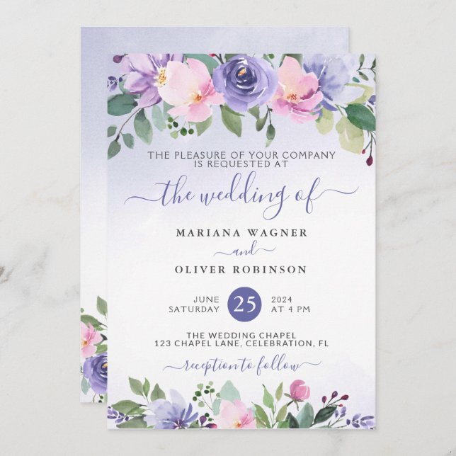 Periwinkle and Pink Watercolor Floral Wedding Invi Invitation (Front/Back)