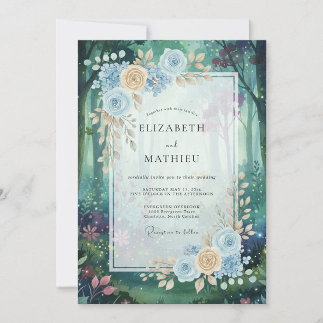 Periwinkle Antique Champagne Peony Wedding Invitation (Front)