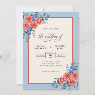 Periwinkle Apricot Bouquet Eucalyptus Wedding Invitation
