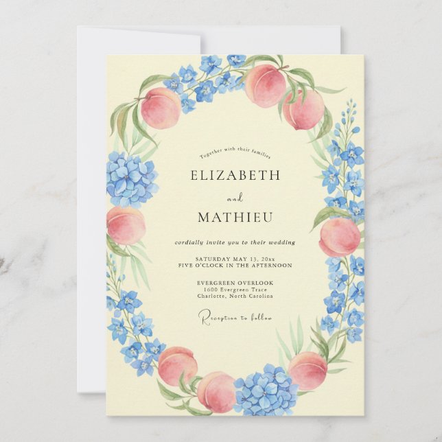 Periwinkle Apricot Fruit Eucalyptus Wedding Invitation (Front)