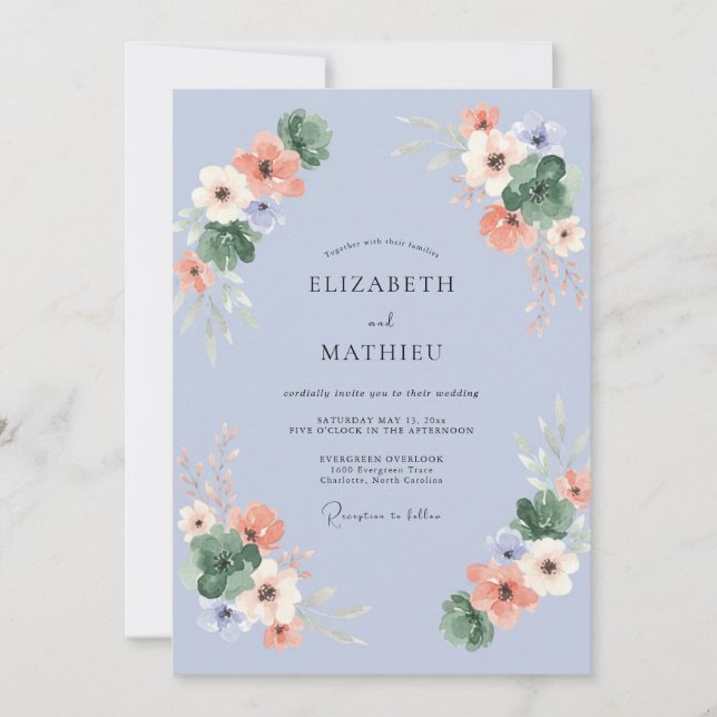 Periwinkle Apricot Leafy Wedding Invitation (Front)