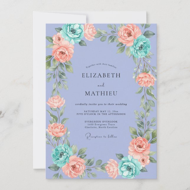 Periwinkle Apricot Ranunculus Grey Eucalyptus Wedd Invitation (Front)