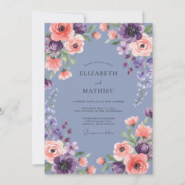 Periwinkle Apricot Wildflower Wedding Invitation (Front)