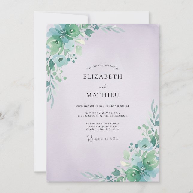 Periwinkle Aqua Leafy Wedding Invitation (Front)