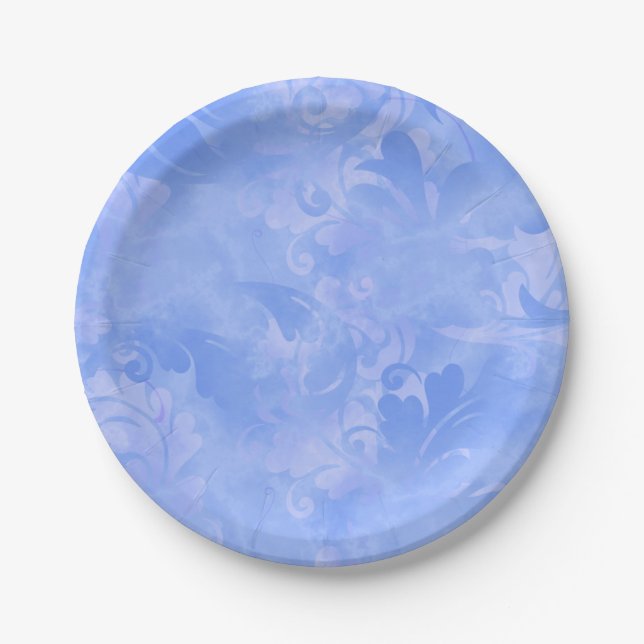 Periwinkle Blue Abstract Feather Pattern Paper Plate (Front)