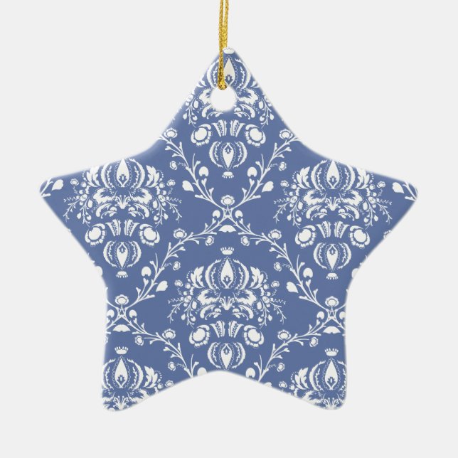 Periwinkle Blue and White Damask Ceramic Ornament (Front)
