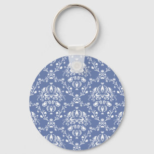 Periwinkle Blue and White Damask Keychain