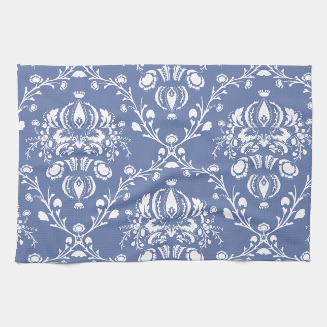 Periwinkle Blue and White Damask Kitchen Towel (Horizontal)