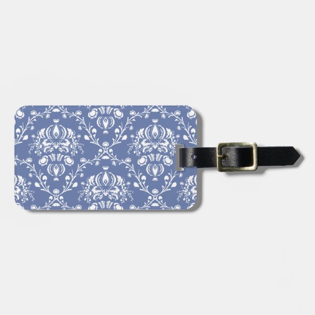 Periwinkle Blue and White Damask Luggage Tag (Front Horizontal)