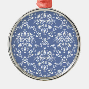 Periwinkle Blue and White Damask Metal Ornament