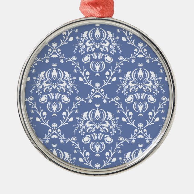 Periwinkle Blue and White Damask Metal Ornament (Front)