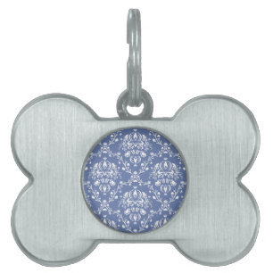 Periwinkle Blue and White Damask Pet Name Tag