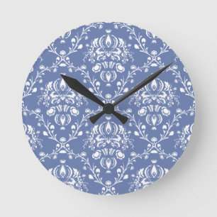 Periwinkle Blue and White Damask Round Clock