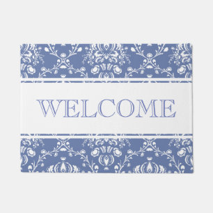 Periwinkle Blue and White Damask Welcome Doormat