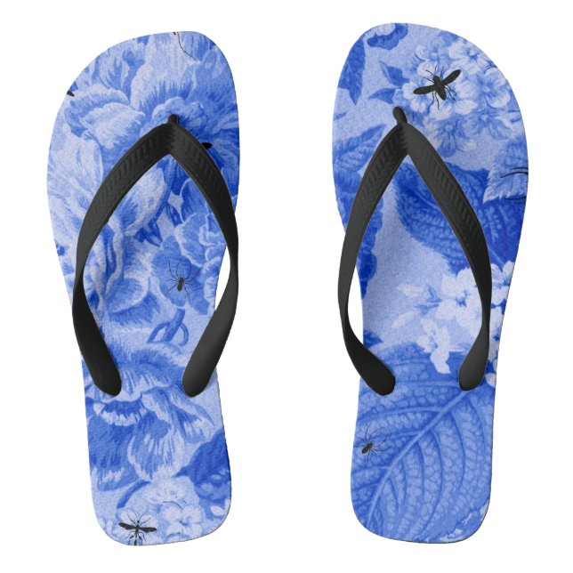 Periwinkle Blue Botanical & Bugs Floral Toile Flip Flops (Footbed)