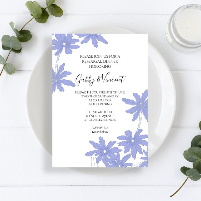 Periwinkle Blue Daisies Wedding Rehearsal Dinner Invitation (Creator Uploaded)