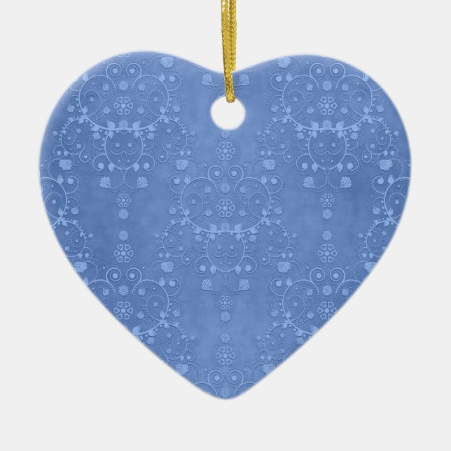 Periwinkle Blue Fancy Floral Damask Pattern Ceramic Ornament (Front)