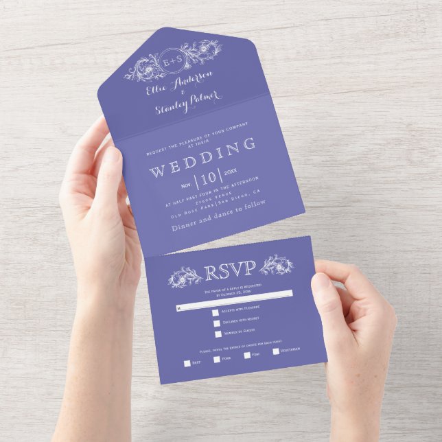 Periwinkle blue floral frame, initials wedding all in one invitation (Tearaway)