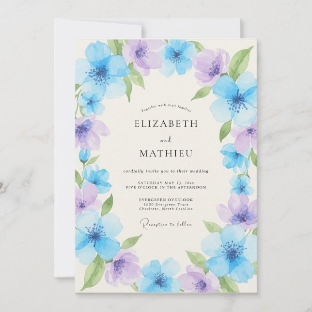Periwinkle Blue Floral Meadow Wedding Invitation (Front)