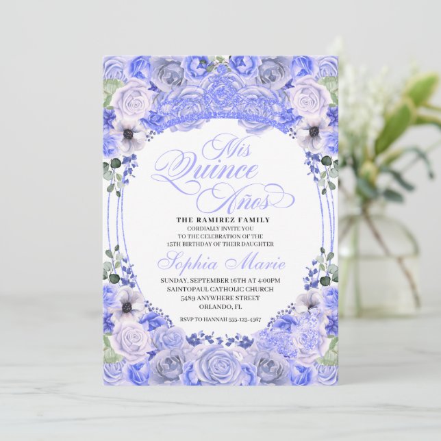 Periwinkle Blue Floral Quinceanera Birthday Invitation (Standing Front)