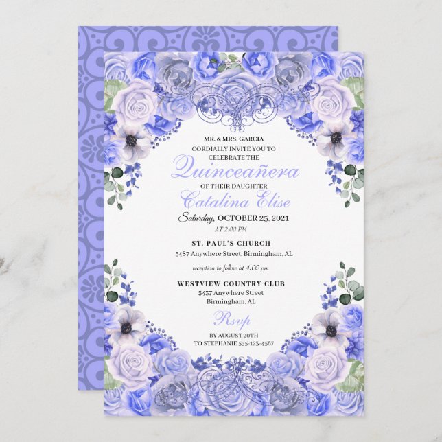 Periwinkle Blue Floral Quinceanera Birthday  Invitation (Front/Back)