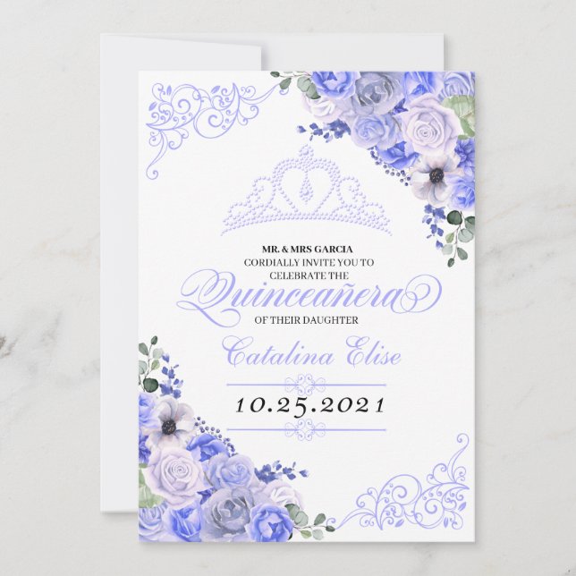 Periwinkle Blue Floral Quinceanera Birthday Invitation (Front)