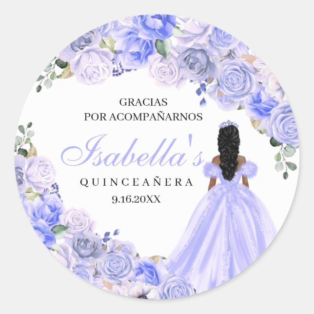 Periwinkle Blue Floral Quinceanera Round Stickers (Front)