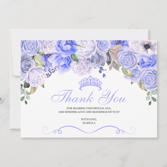 Periwinkle Blue Floral Quinceanera Thank You  (Front)