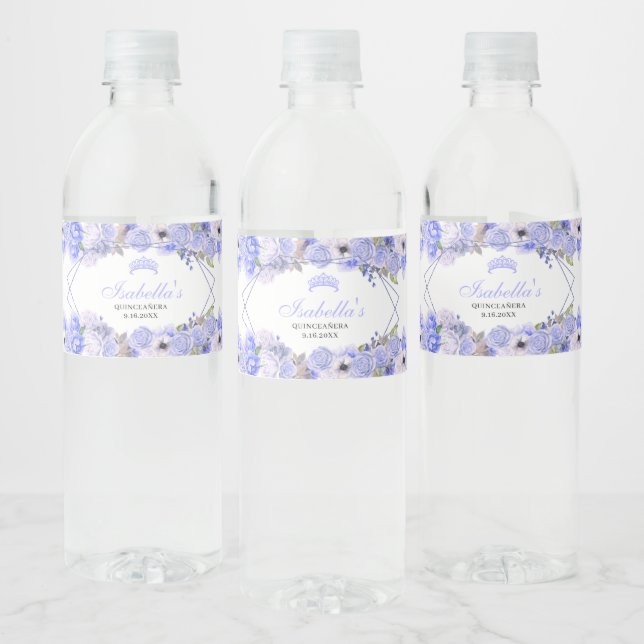 Periwinkle Blue Floral Quinceanera  Water Bottle Label (Bottles)
