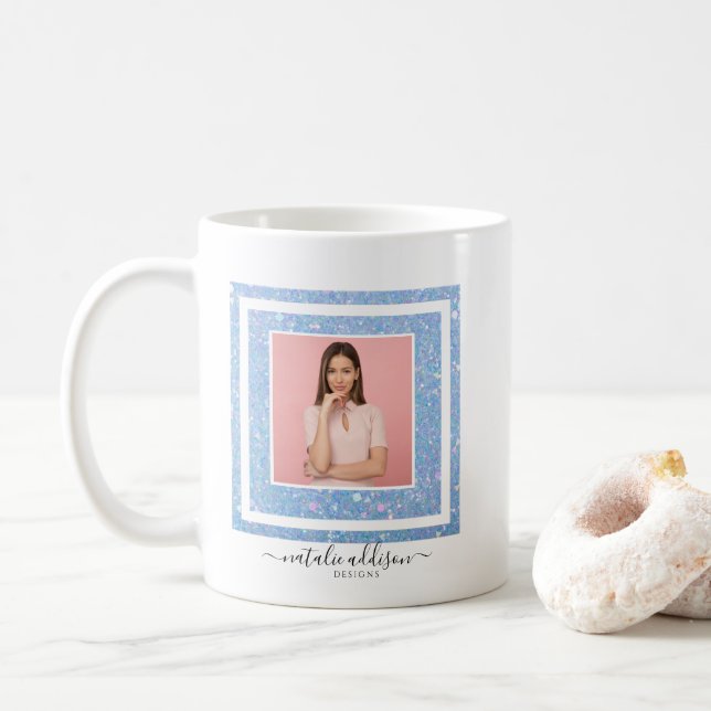 Periwinkle Blue Glitter Photo & QR Code Coffee Mug (With Donut)