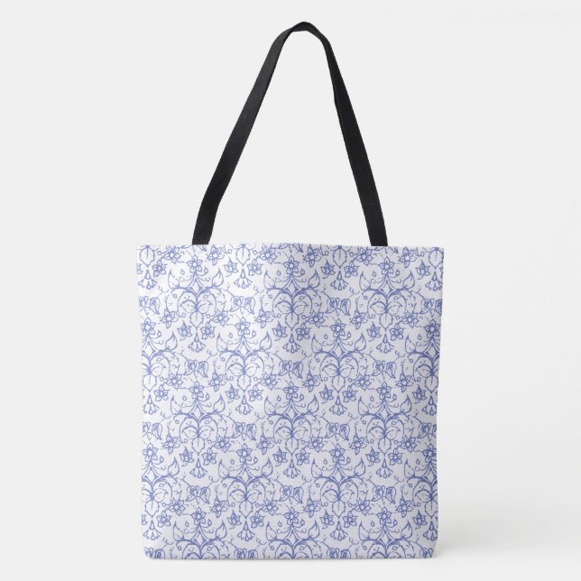 Periwinkle Blue on White Decorative Floral Pattern Tote Bag (Front)