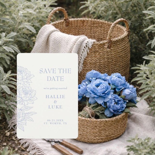 Periwinkle Blue Peony Line Art Wedding Save Date Invitation (Creator Uploaded)