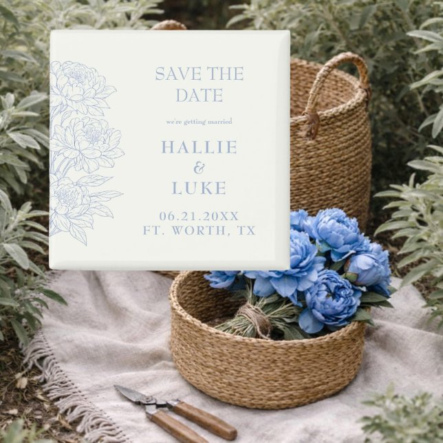 Periwinkle Blue Peony Line Art Wedding Save Date Magnet (Creator Uploaded)
