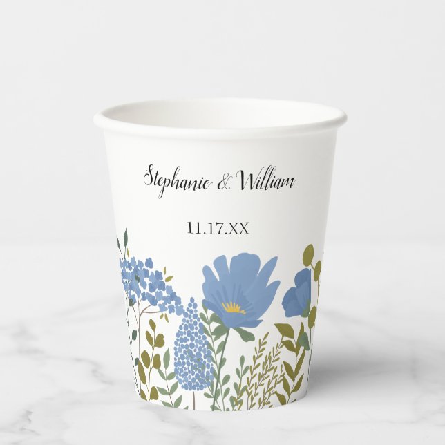 Periwinkle Blue Spring Floral Wedding Personalized Paper Cups (Front)