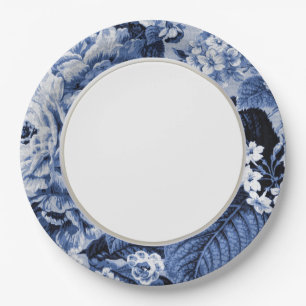 Periwinkle Blue Vintage Floral Toile Fabric No.1 Paper Plate