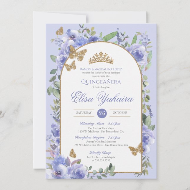 Periwinkle Blue Watercolor Golden Butterfly Quince Invitation (Front)