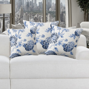 Periwinkle Blue & White Floral Toile No.2 Throw Pillow