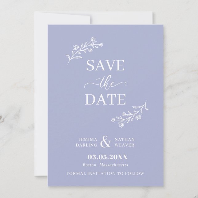 Periwinkle Blue White Hand-Drawn Floral Twigs Save The Date (Front)