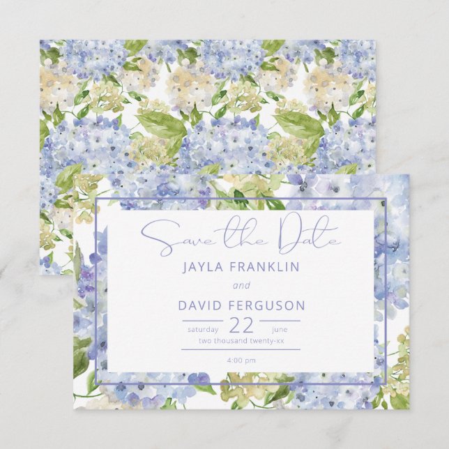 Periwinkle Blue White Hydrangea Wedding Save The Date (Front/Back)